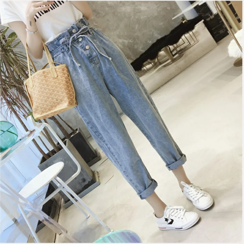 

Autumn Elastic Waist Women's Jeans High Waist Ankle Length Mjuer Loose Cusaul Harem Danim Pants Students With Pocket Button Cord