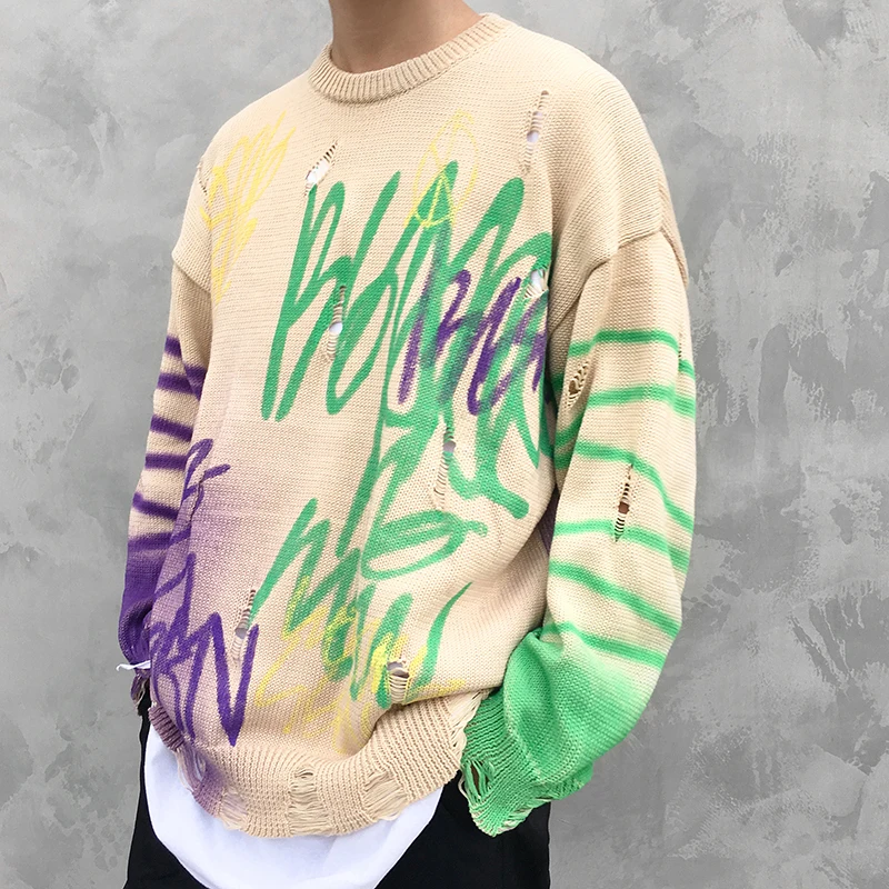 

EWQ / 2019 Winter Men's Doodle Printing oversize Sweaters Casual Pullover Holes Long Sleeve Round Neck Knitting top korean YH578