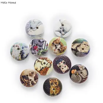 

50pcs 2color Cute Cat Printing Round Wood buttons Sewing Scrapbook Clothing Gifts Crafts Handwork Accessories Jacket Blazer 15mm