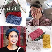 Большой бант, рыбьи кости, зимние вязаные повязки на голову для девочек, теплая вязаная резинка для волос, ручная работа, тюрбан, широкий размер, головные уборы