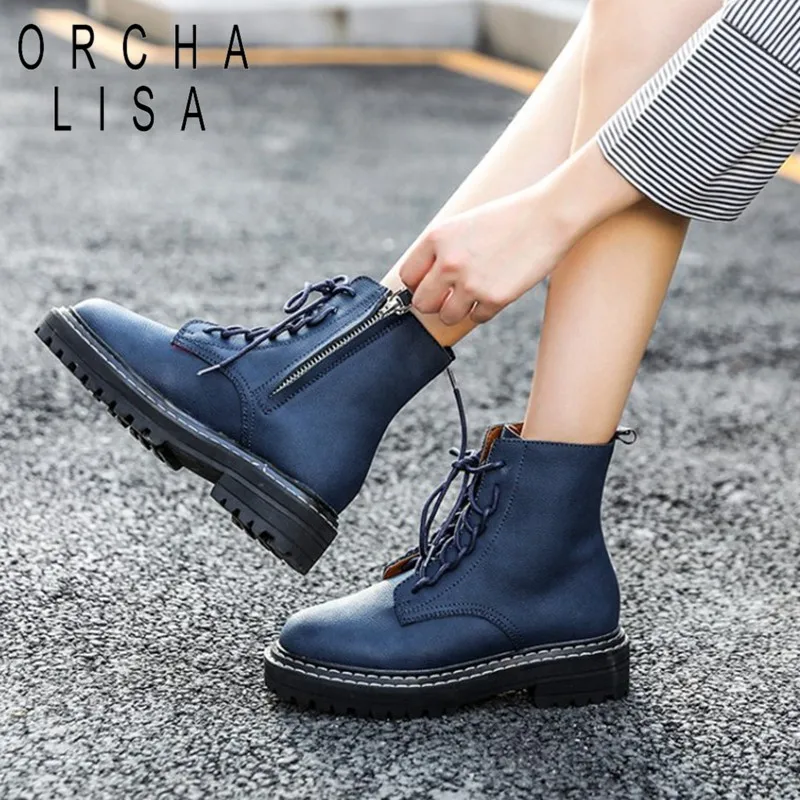 ORCHA LISA/зимняя обувь на платформе; ботильоны из натуральной коровьей кожи; мотоциклетные ботинки на шнуровке; цвет синий, красный; женская обувь для верховой езды