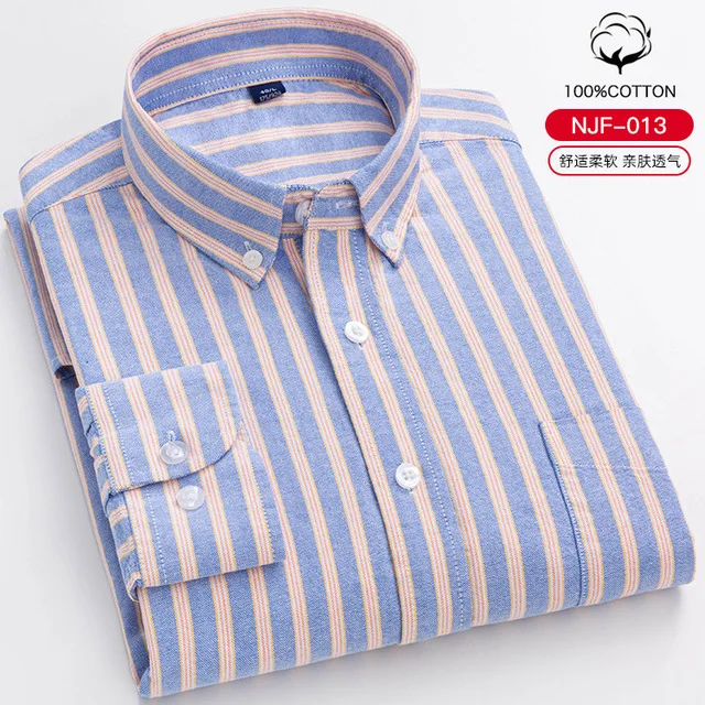 S- 6XL Oxford Shirts For Mens Long Sleeve Cotton Casual Dress Shirts Male Solid Plaid Chest Pocket Regular-Fit Man Social Shirt NJF-013