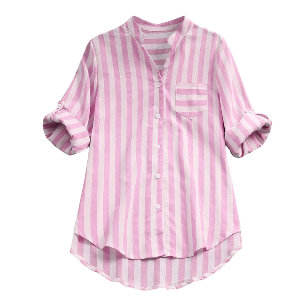 TELOTUNY, S-XL, длинный рукав, в полоску, свободная женская блузка, на пуговицах, с карманами, v-образный вырез,, модные женские повседневные весенние топы, футболка 19L0723