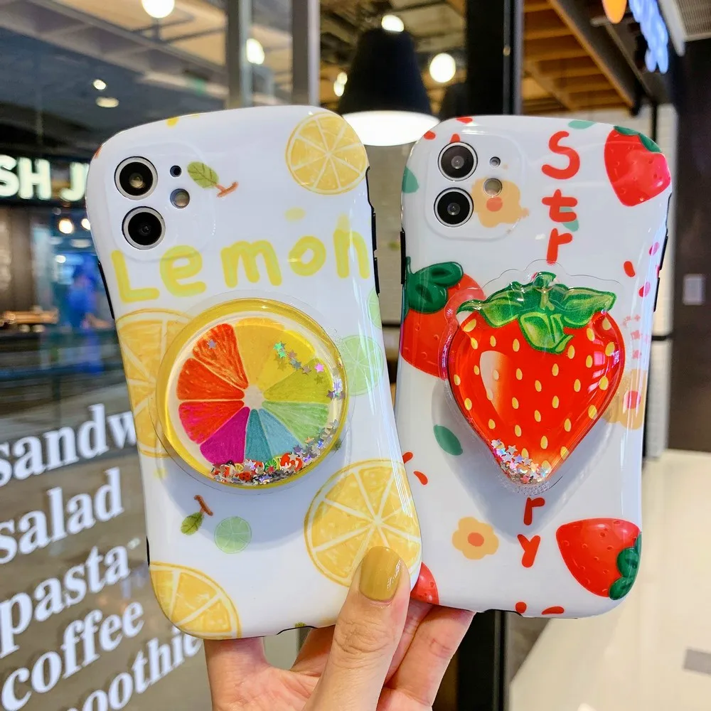 

Girly cute strawberry lemon pattern glitter holder fine hole shell For iPhone 11 Pro Max XR XS Max XS 7 8 plus Phone case