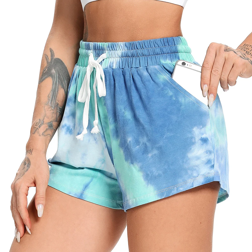

Women Casual Shorts Tie Dye Athletic Short Elastic Waist Drawstring Yoga Leggings With Pockets Beach Shorts Plain Lounge Pants