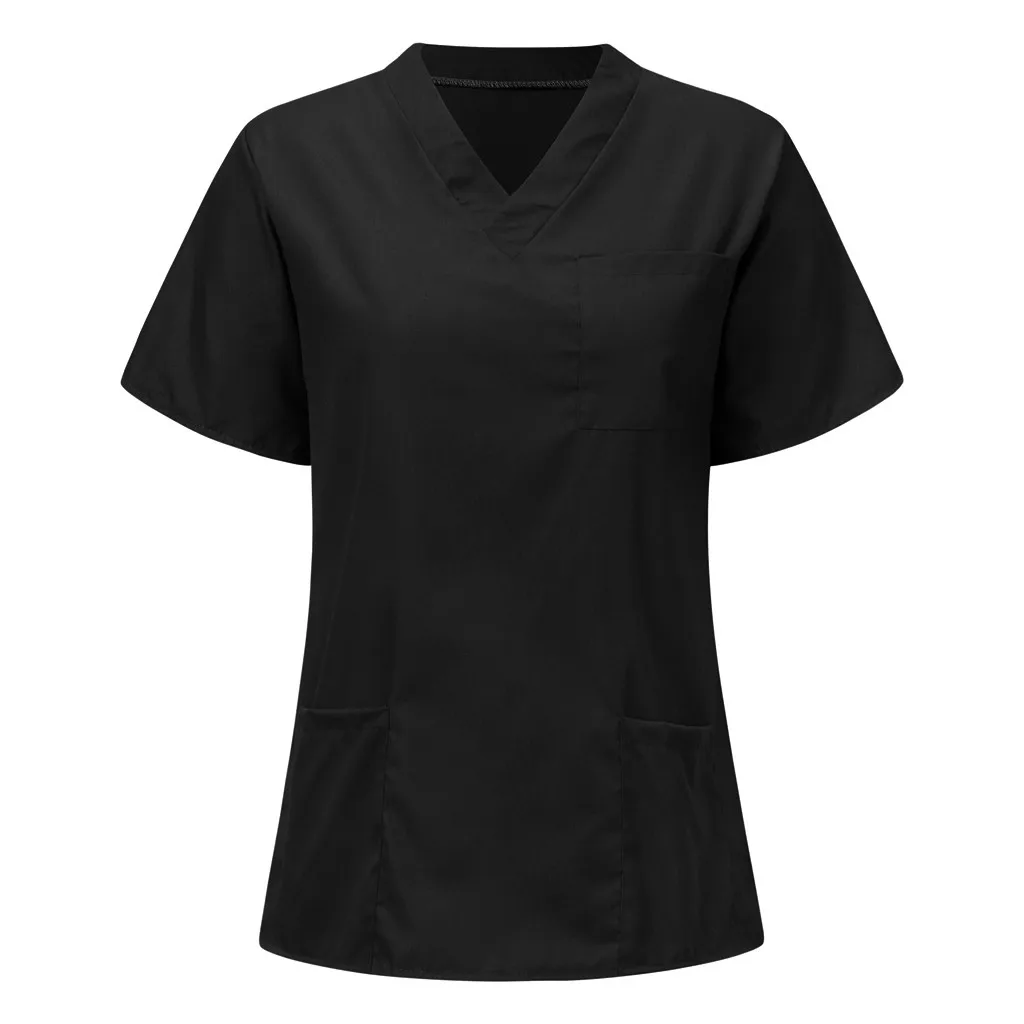 Men Women Nursing Uniform Blouse Short Sleeve V-neck Blouse Scrub Tops Pocket Loose Shirt Unisex Work Wear Uniform Blouses nurse scrubs top working uniform blouse