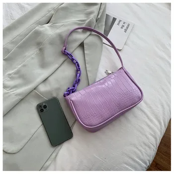 

Ladies Simple Style Shoulder Bag Girls Solid Color Personalized Plastic Chain Decoration Stone Pattern Square Bag