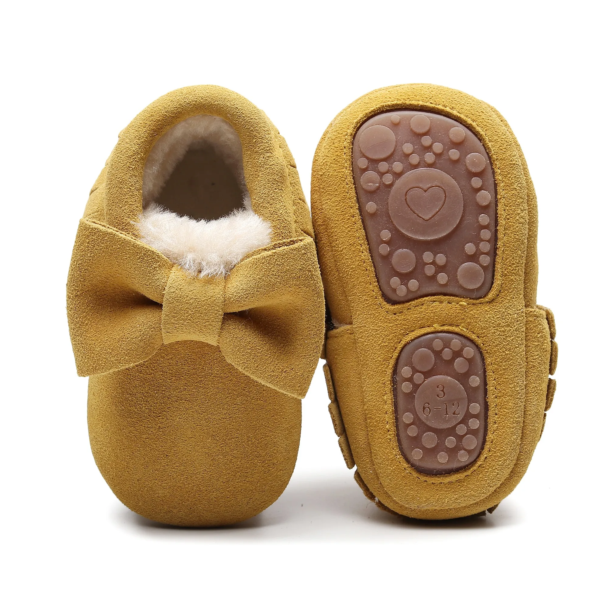 Высококачественная детская зимняя замшевая обувь из натуральной кожи; мокасины для малышей; жесткая резиновая подошва с бантом и бахромой; теплая обувь - Цвет: sunset yellow