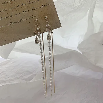 

S925 Needle Electroplated Real Gold Rose Flower Earrings Long Tassels Pearl Earrings Ear Stud Women's