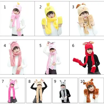 

Unisex 3 in 1 Kids Scarf Hat Gloves Thick Plush Animal Pattern Hoodie Earflap NEW