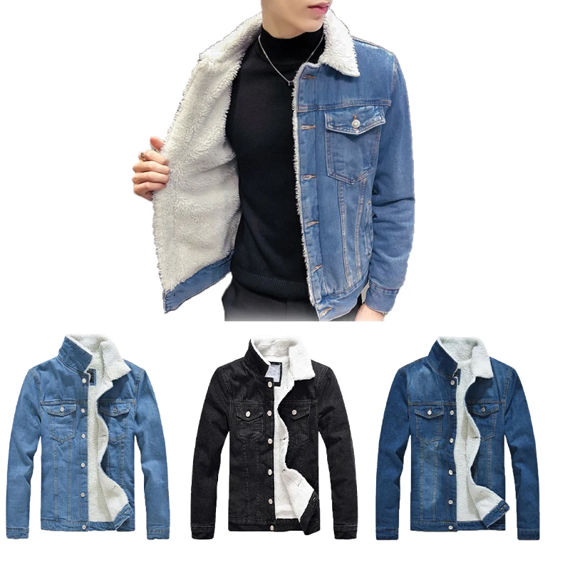 New Fashion Men's Thick Fashion Casual Jeans Jacket Blue Warm Winter Baseball Coat Slim Regular Outwear Overcoat Tops For Men