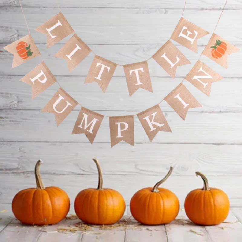 

Burlap Thanksgiving Banner Pumpkin Maple Leaf Print Banner Pull Flag Decoration Thanksgiving Day Hanging Banner