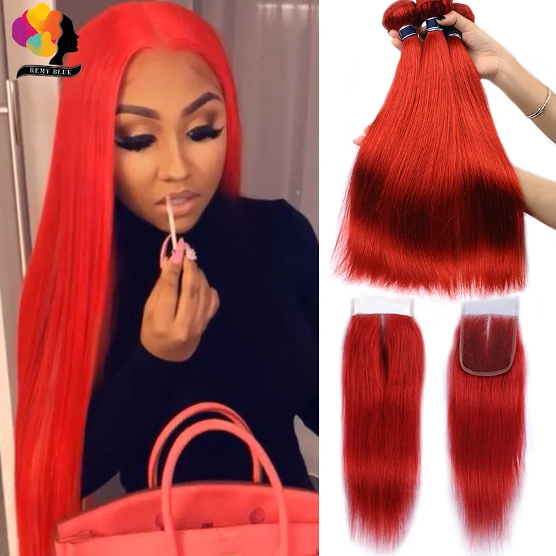 

Remyblue Colored 99J Burgundy Red Bundles With Closure Brazilian Straight Human Hair 3 Bundles With Closure Remy Hair Weave