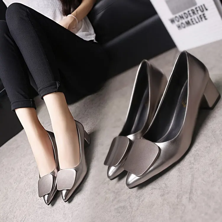 autumn new high heels women shose chunky heels pointed toe Square buckle large size womens shoes B94
