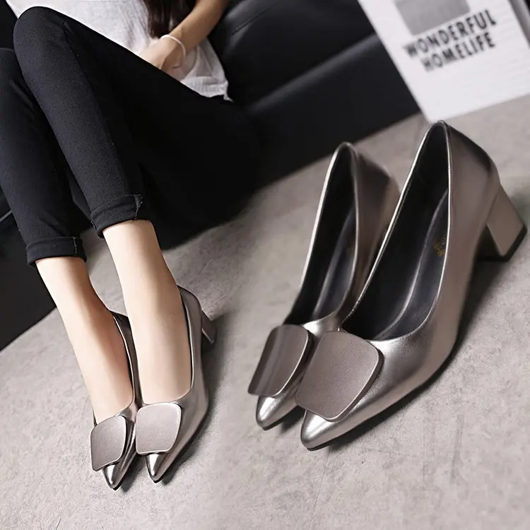 

2019 Autumn New High Heels Women Shoes Chunky Heels Pointed Toe Square Buckle Large Size Womens Shoes B94