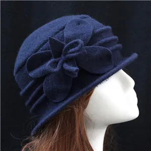 Navy Blue Женская шерстяная шапка с цветочным орнаментом, теплые шапки, осенне-зимняя женская шапка, Модные Элегантные вязаные шапочки, шерстяные шапочки - Цвет: Navy Blue