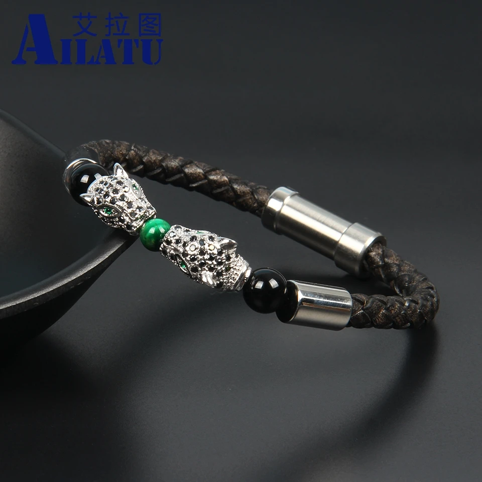 Ailatu мужские Роскошные браслеты с двойной пантерой, застежка из нержавеющей стали, браслет из воловьей кожи с леопардовым принтом, высокое качество