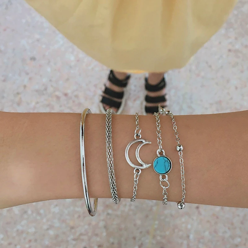 

Tocona Punk Silver color Blue Stone Moon Metal Chain Beach Open Bracelet Anklet for Women Simple Beach Foot Jewelry Gift B37208
