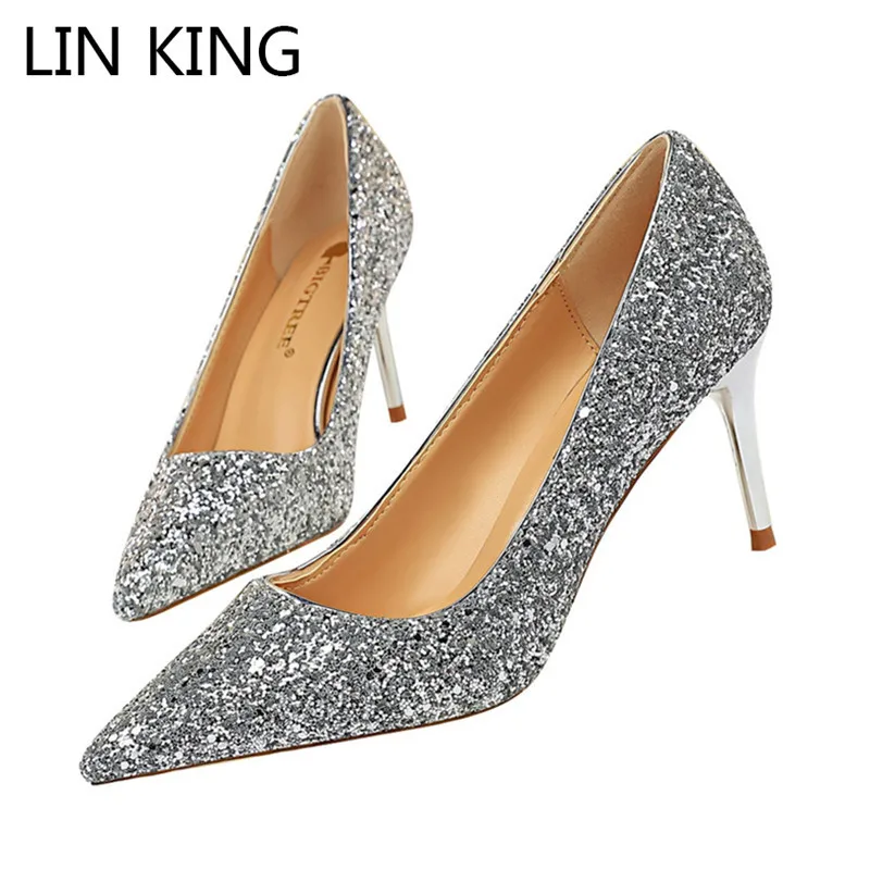 

LIN KING Big Size 43 Fashion Woman Pumps High Heels Shoes Sexy Bling Women Party Wedding Shoes Ladies Pointed Toe Office Shoes
