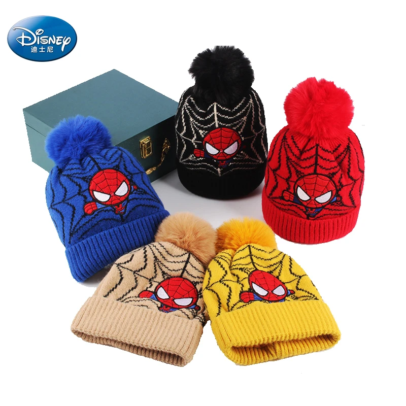 baby essential  Disney New Fashion Baby Winter Hats Cartoon Spiderman Kids Pompom Knitted Hats For Boys Girl Wool Cap Children Thick Beanies Hat crochet baby accessories