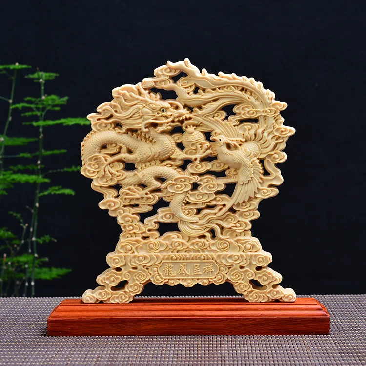 

Dragon Phoenix Good Luck Wood Statue Wealth Lucky Disc with Base Furnishing Articles Furniture Decoration Wood Collection Gift