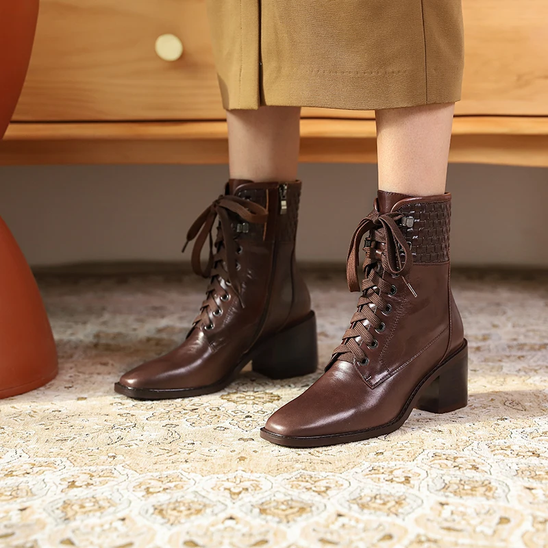

Spring and autumn 2020 new retro high-heeled short boots thick heel pointed side zipper Martin boots leather women's shoes X029