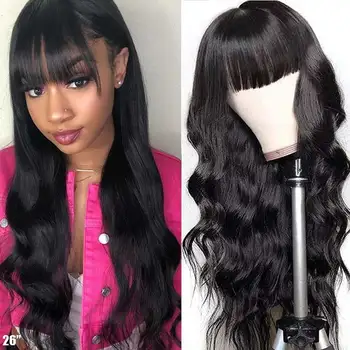 

28Inches Body Wave Human Hair Wigs With Bangs Short Bob Wavy Wig With Bangs Full Machine Made Remy Brazilian Hair Wigs For Women