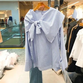 

Nomikuma Striped Korean Women Blouse Tops Lace Up Sweet O-neck Long Sleeve Shirt 2020 Spring Fashion Blusas Feminimos Tops 3Z491