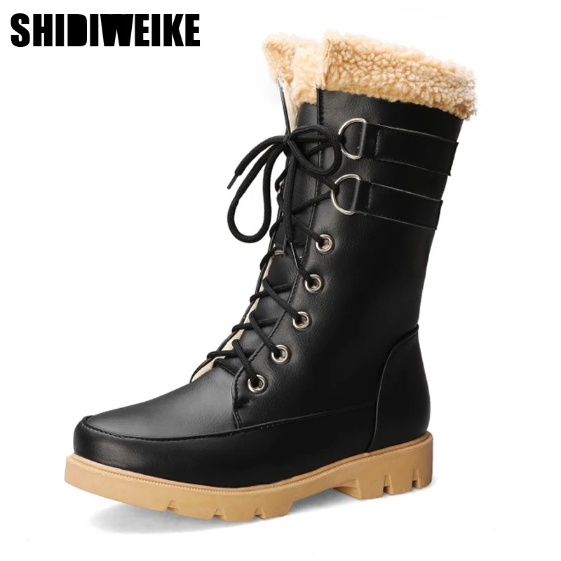 

2019 New Women Boots Black Lace-up Mid-Calf Round Toe Winter Waterproof Non-slip Snow Boots Female Shoes J467