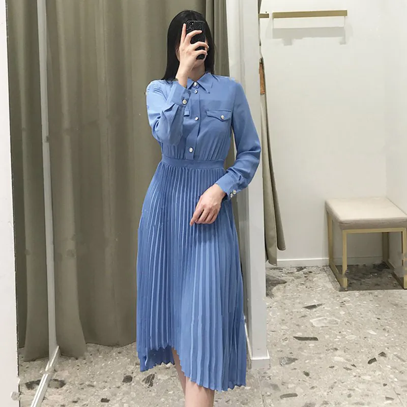 

2020 New Women Dress Turn Down Collar Long Sleeve Elastic Waist Pleated Dress Spring Summer