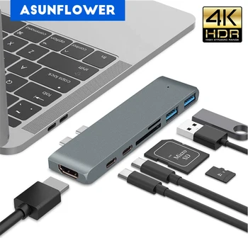 

USB HUB Dual Type C to 4K HDMI USB 3.0 PD TF SD Card Slot Thunderbolt 3 for MacBook Pro 13" 15" 2016 2017 2018 USB C HUB Adapter