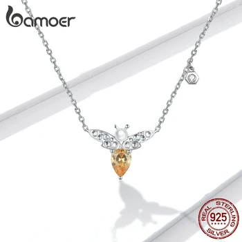 

bamoer GAN169 Pearl Bee Pendant Necklace Real 925 Sterling Silver Insect Elf Necklace Clear CZ Zirconia Girl Women Jewelry