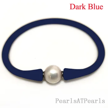 

6.5 inches 10-11mm One AA Natural Round Pearl Dark Blue Elastic Rubber Silicone Bracelet For Men