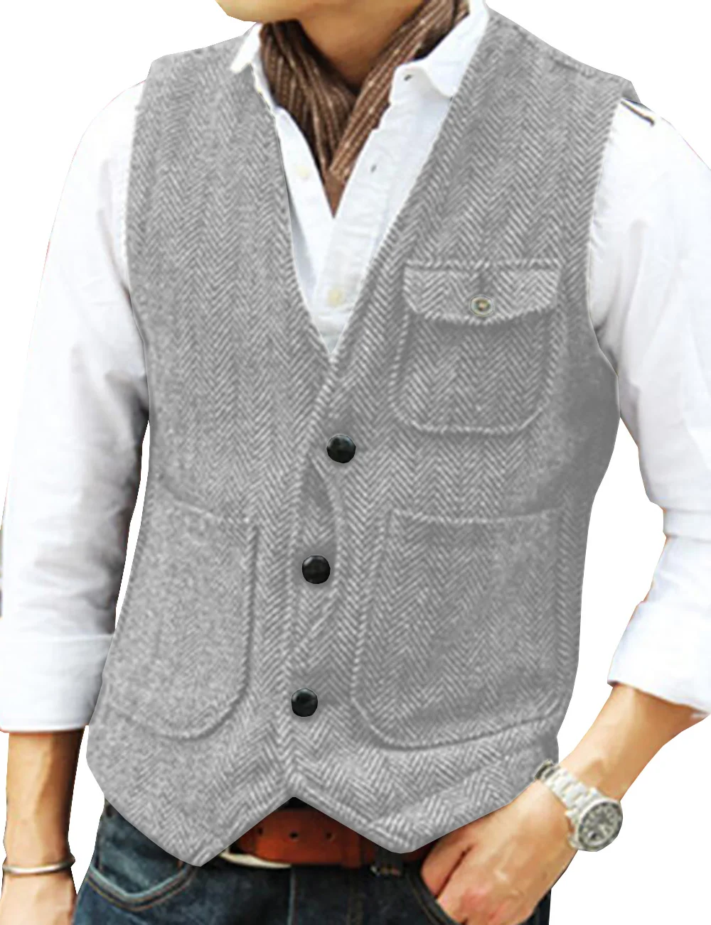 Men's Vest Brown Herringbone Wool Tweed V Neck Single Breasted Retro Tooling Vest Male Gentleman Business Waistcoat For Wedding men's blazers Suits & Blazer