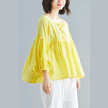 

Korea 2020 New Spring Summer New Candy Color Round Collar Nine Quarter Lantern Sleeve Loose Big Size Shirt For Women Y126