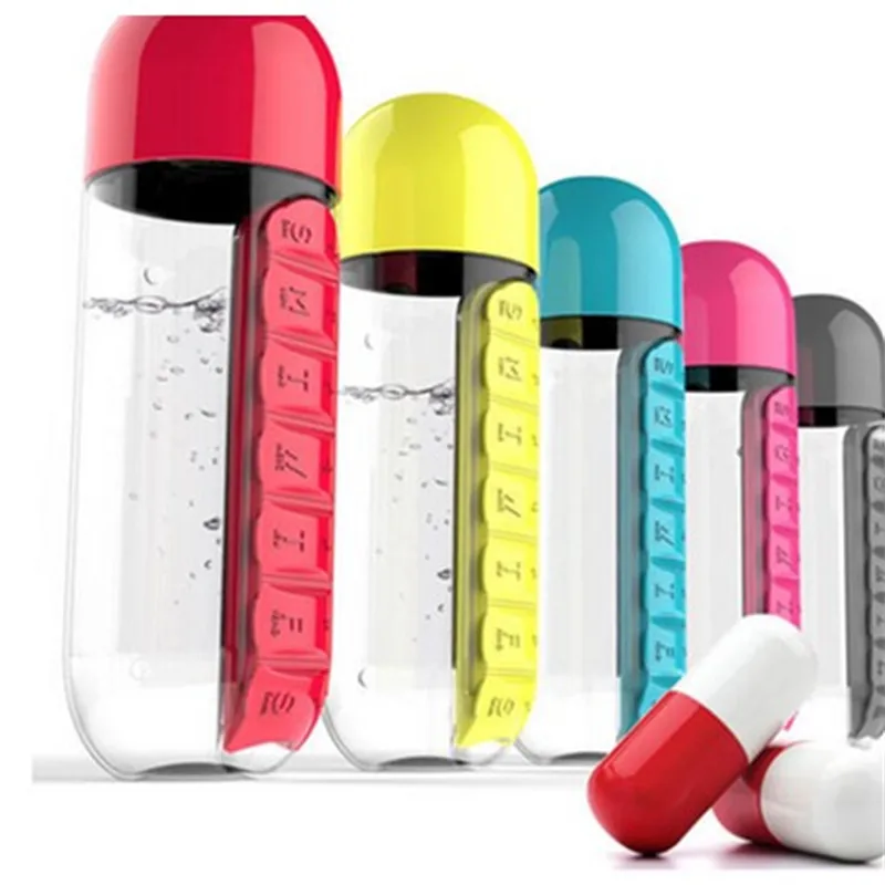 

600ml 20oz Tritan Water Bottle With Pill Holder Multifunction Drink Bottle With Lid Vitamin Organizer