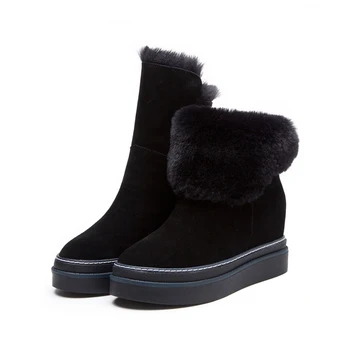 

2020 Genuine Leather Winter Wedges Fur Warm Plush Ankle Snow Boots With Platform Low Heels Short Booties Women Flat Shoes