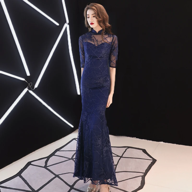 

Elegant Mesh Cheongsam Mermaid Female Exquisite Lace Patchwork Formal Party Dress Sexy Persepective Long Qipao Robe De Soiree