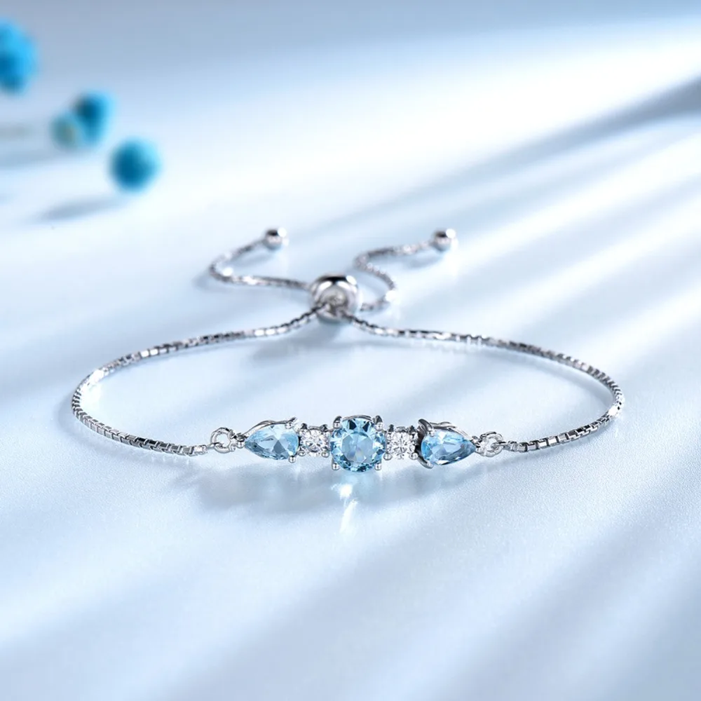 ORSA JEWELS Silver Bracelets Women Blue Topaz Adjustable Box Chain Round Stone Bracelet Sterling Silver 925 Jewelry OVSB03