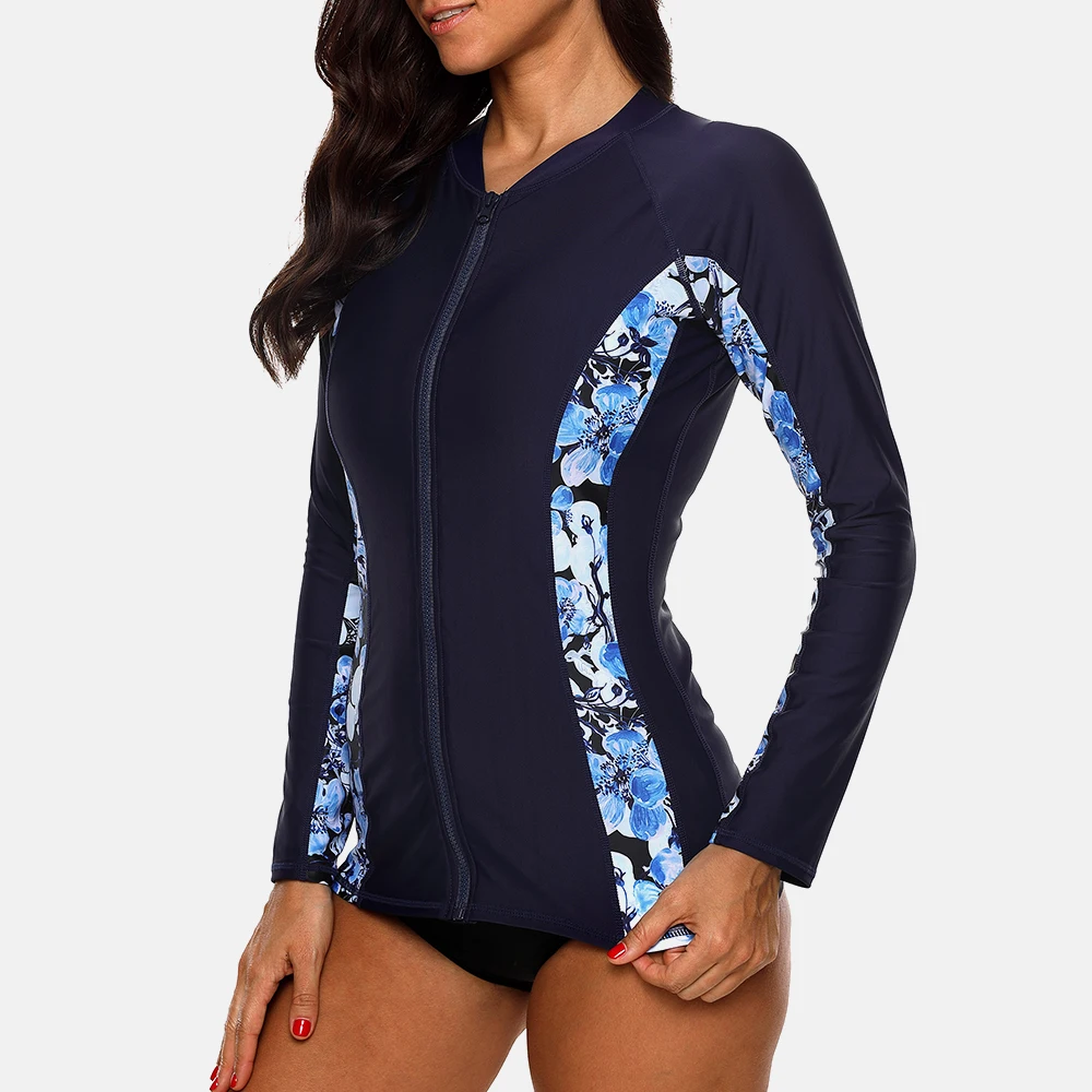 Rash Guard Anfilia Women Long Sleeve Zipper Rashguard Top Floral Print Rush guard Swimwear Surfing Running Shirts Swimsuit UPF50+