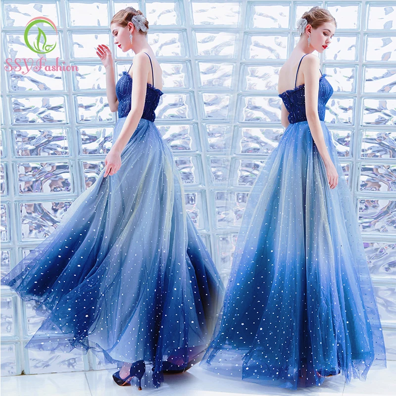 

SSYfashion Strap Sleeveless Zipper Back Gradient Blue Long Evening Dress Wedding Gown Party Prom Banquet Dress Formal Dress