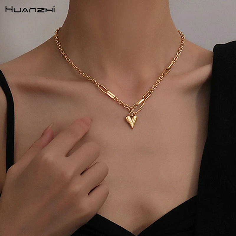 Ожерелье HUANZHI женское из титановой стали цепочка до ключиц с сердечками модный