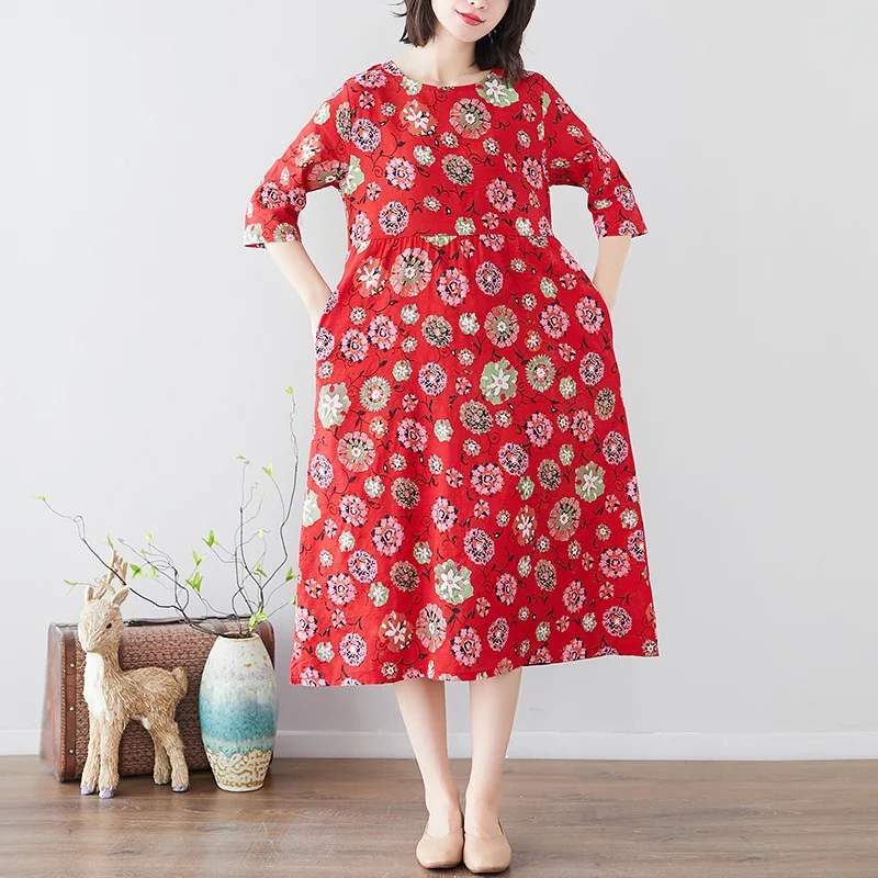 

2019 Photo Shoot Ethnic-Style Large Size Dress Belly Covering Dress Cotton Linen Half Sleeve fu gu qun Slimming over-the-Knee A-