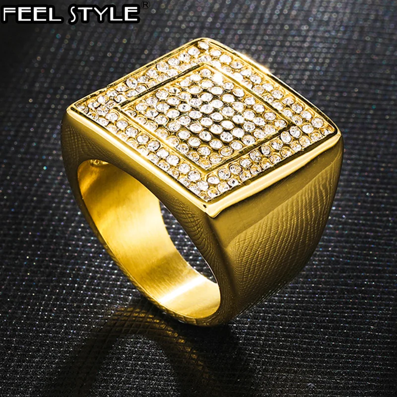 Большие квадратные микро проложить Стразы Iced Out Bling Ring IP Позолоченные титановые