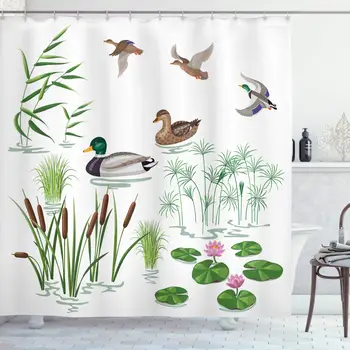 

Flannel Duck Shower Curtain, Lake Animals and Plants with Lily Flowers Reeds Cane in The Pond Nature Park, Cloth Fabric Bathroom