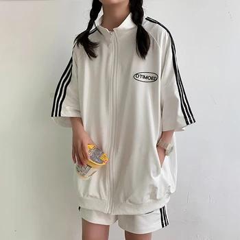 

Loose 2020 Spring Summer Women Sets Baseball Jacket Women Tops 2 Piece sport short sleeve coat and shorts Women Sets Couple