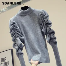 Корейский простой плиссированный вязаный жакет Женский пуловер с длинным рукавом с пышными рукавами серый свитер джемпер-водолазка темперамент свитер леди