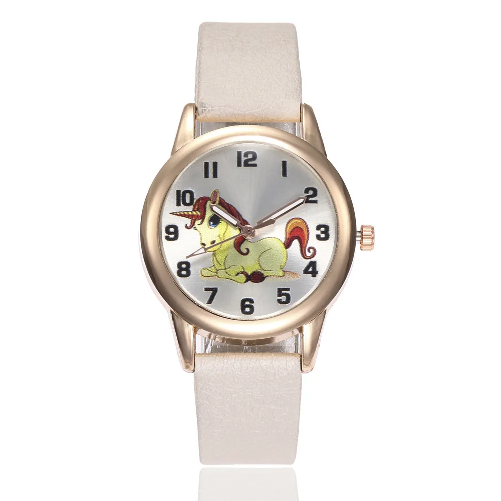 Детские модные часы с милым мультяшным единорогом, женские наручные часы с кожаным ремешком, классические цифровые часы для девочек и мальчиков, женские часы, Детские кварцевые часы - Цвет: H315-White