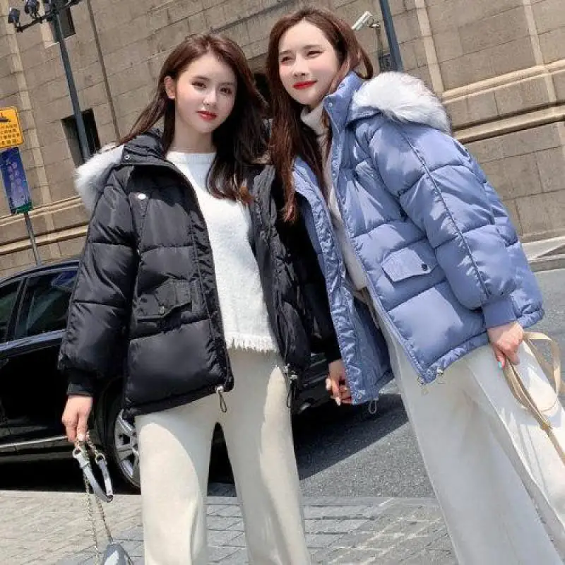 Women Short Jacket Mujer New Autumn Winter Casual Hooded Faux Fur Collar Zipper Padded Coat Female Pink Outerwear Parkas