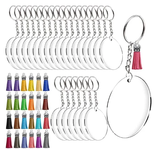 Acrylic Keychain Blanks, Transparent Round Acrylic Discs Circles, Colorful Tassel Pendants for DIY Projects and Crafts